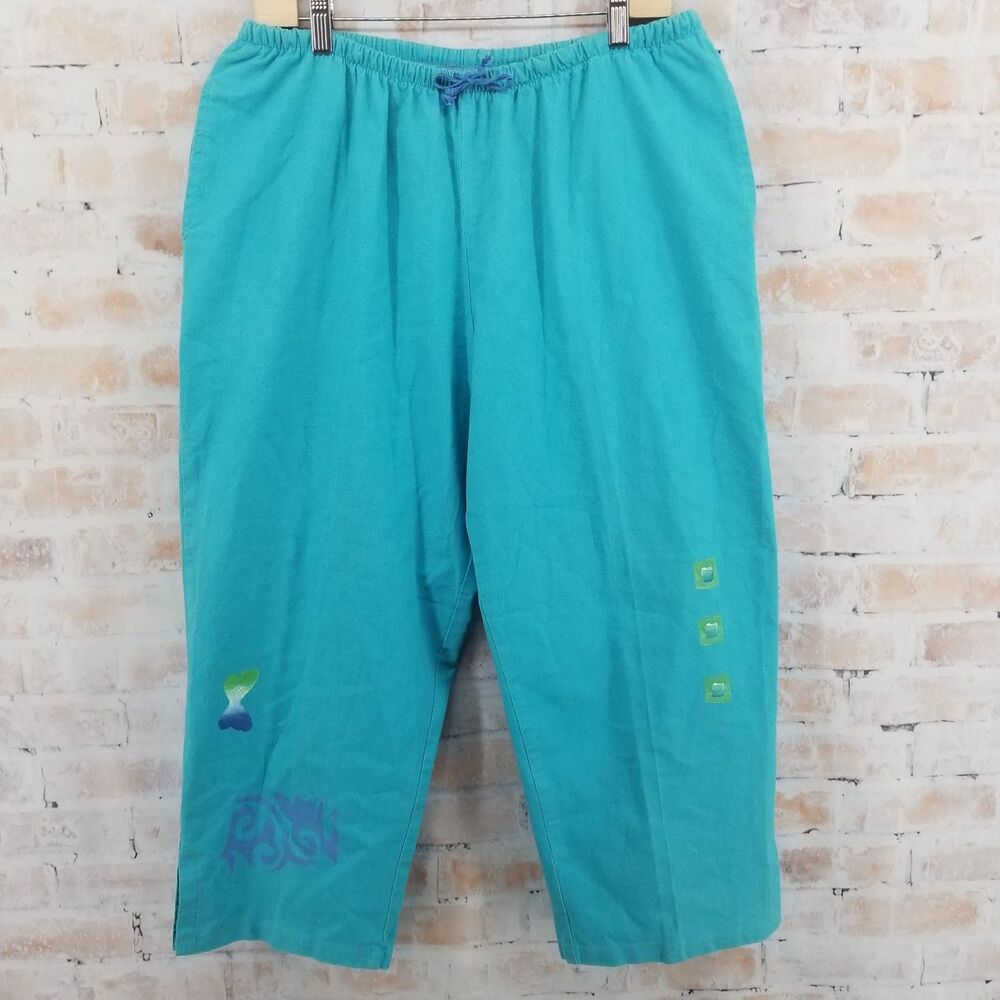 Play Alegre Hand Painted Pants Women's XL Linen Blend Turquoise Wearable Artwork